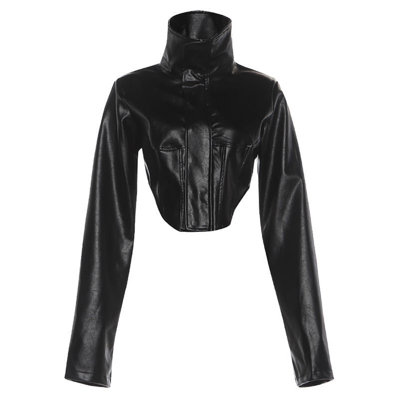 High Neck Zipper Short Pu Leather Jacket For Women