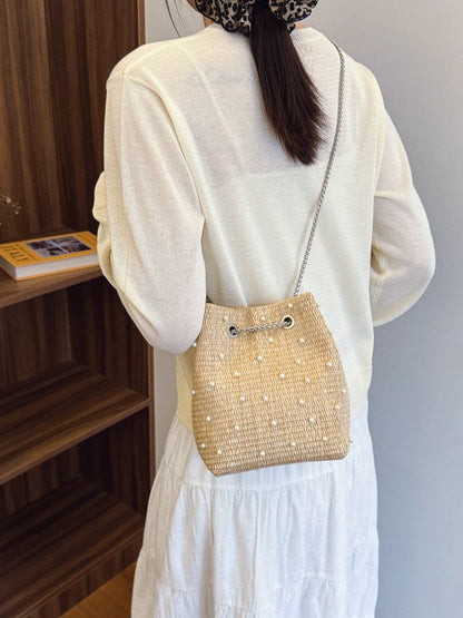 Trendy Women's Woven Bucket Bag with Pearl & Rhinestone Accents