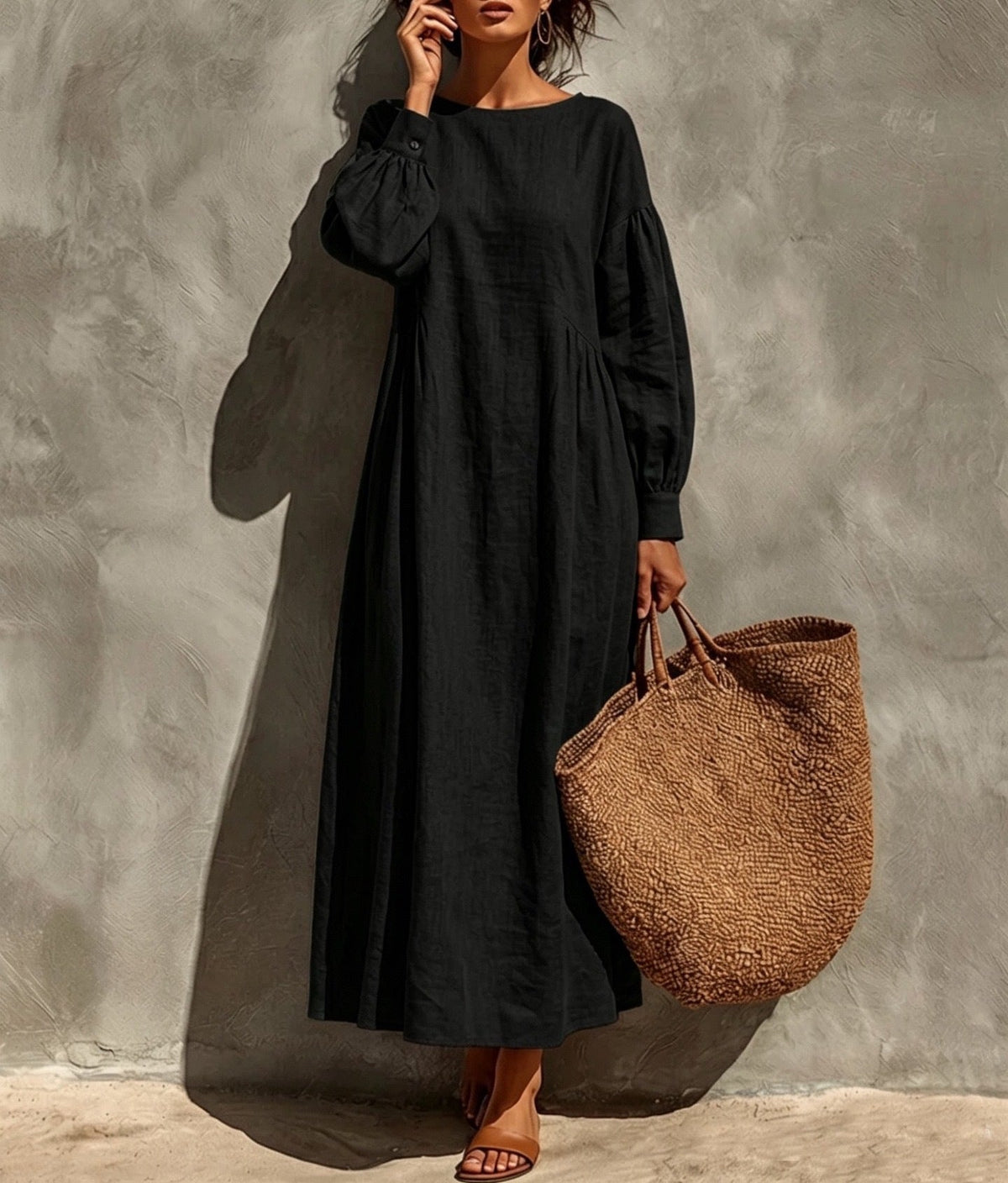 Linen Round Neck Balloon Sleeve Side Gather Midi Tent Dress