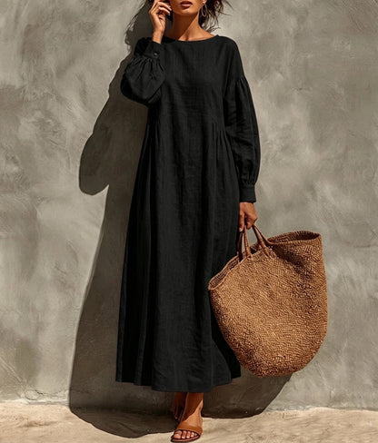 Linen Round Neck Balloon Sleeve Side Gather Midi Tent Dress