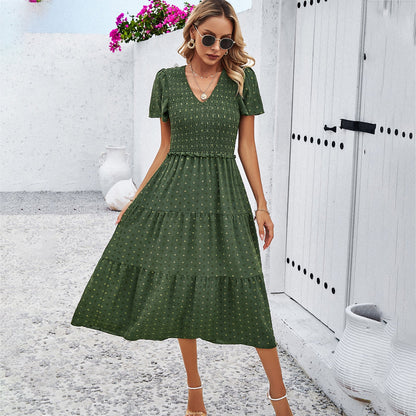 Polka Dot V-Neck Short Sleeve Dress Casual Elegant Polyester Dress