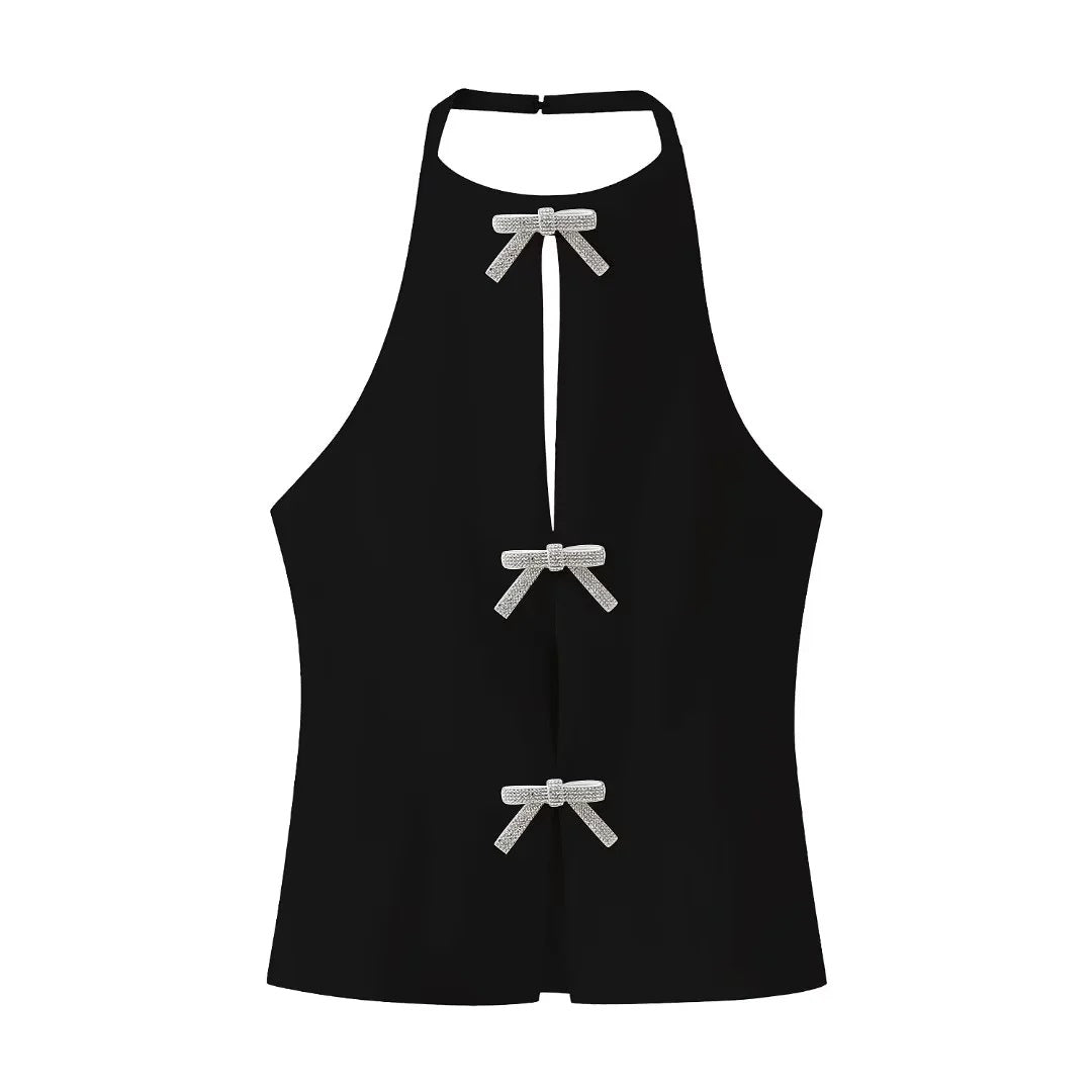 Solid Color Bow Front Backless Halter Top