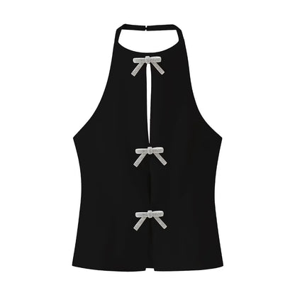 Solid Color Bow Front Backless Halter Top