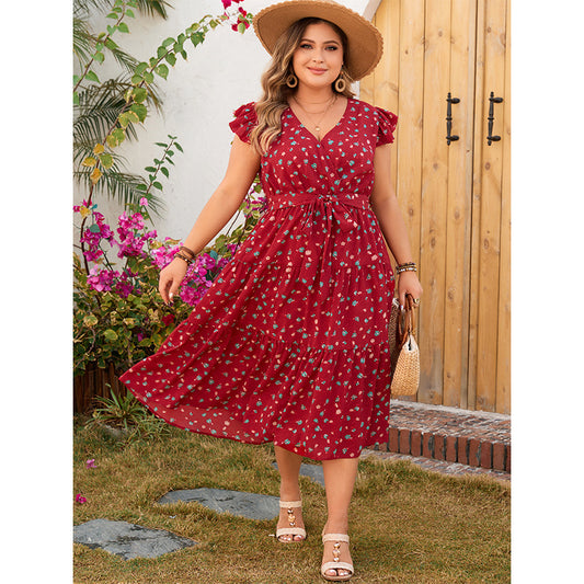 Elegant Red Floral Maxi Dress with V-Neck
