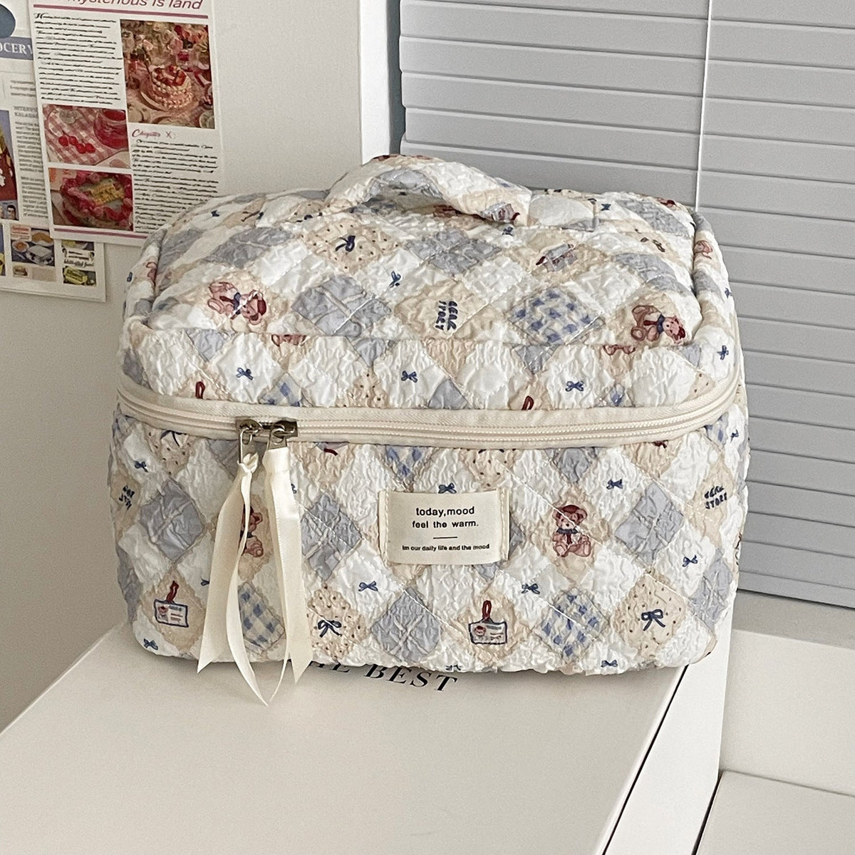Trendy Quilted Teddy Bear Makeup Bag Portable Travel Organizer
