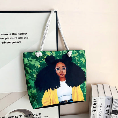 Trendy Cartoon Print Shoulder Tote Bag Durable Oxford Cloth Bag