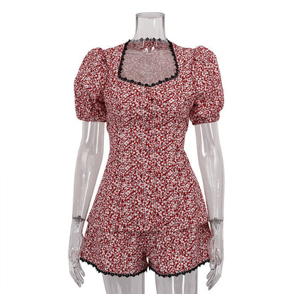 Two-Piece Floral Puff Sleeve Top and Shorts Set
