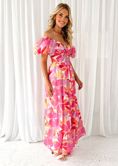 Floral Backless Puffy Sleeves Long Dress