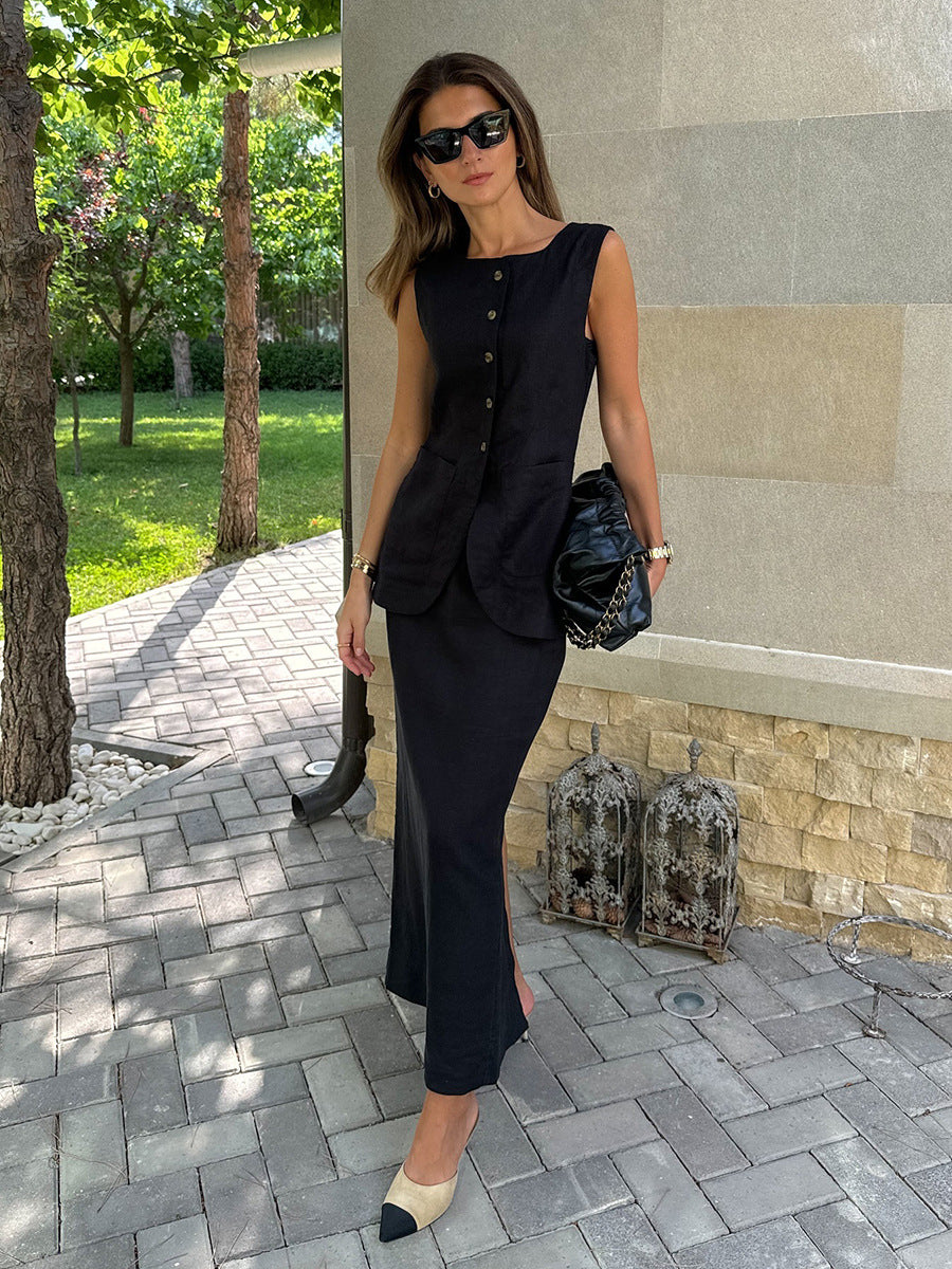 Casual Sleeveless Vest and High-Waisted Skirt Set