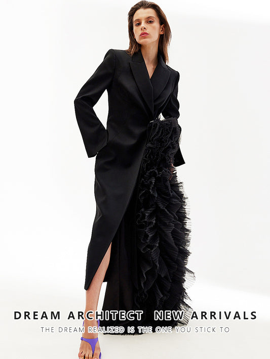 Asymmetrical Suit Dress With Tulle Details Elegant Maxi Coat