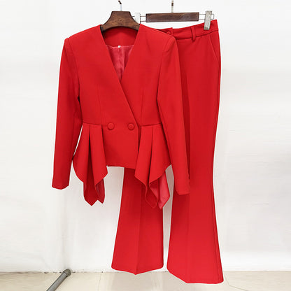 Ruffled Design Slim Fit Jacket And Palazzo Pants Set