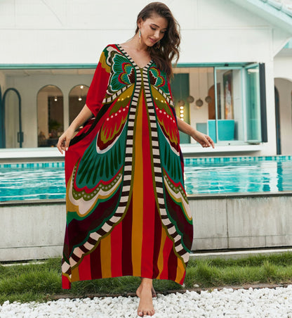 Cotton Printed Beach Cover Shirt Loose Robe Holiday Sunscreen Shirt Bikini Cover Up