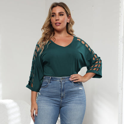 V-Neck Hollow Out Batwing Sleeve Plus Size Top