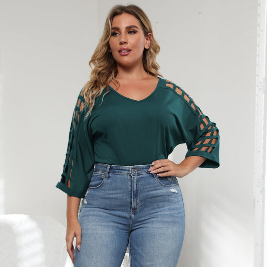 V-Neck Hollow Out Batwing Sleeve Plus Size Top