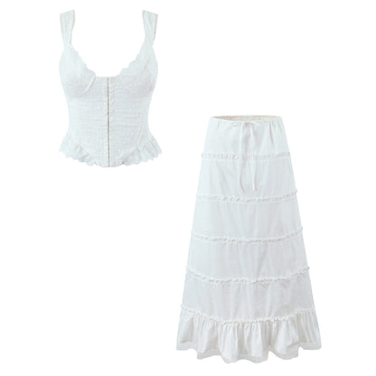 White Sweet Flounce Sleeveless Top Skirt Set