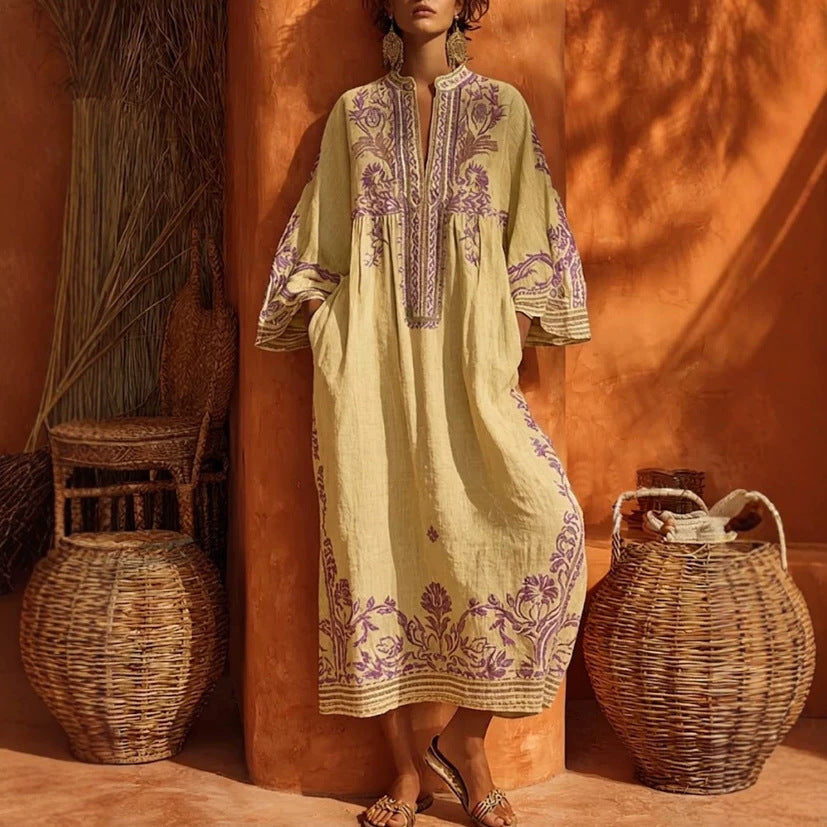 Embroidered Linen-Blend Kaftan Maxi Dress