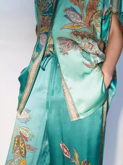 Retro Floral Print Satin Short Sleeve Shirt and Pants Set