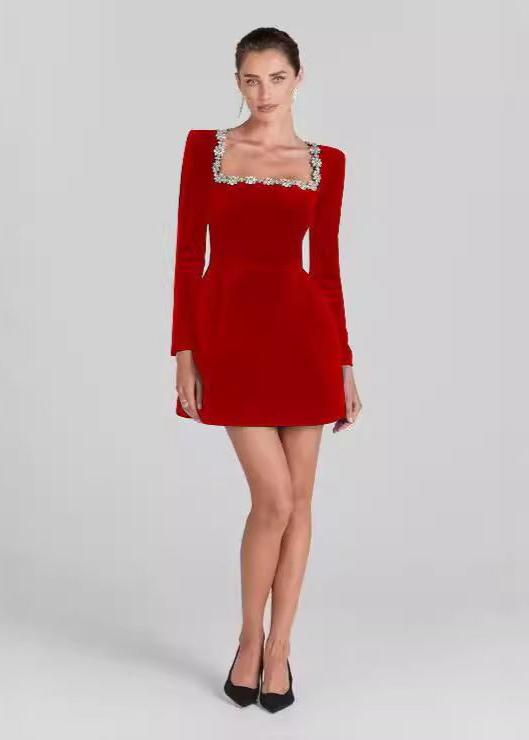 Floral Embellished Red Mini Dress With Long Sleeves