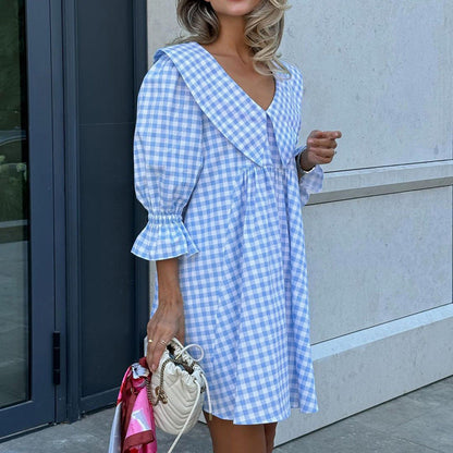 Blue Check Print Cotton A-Line Dress with Baby Doll Collar