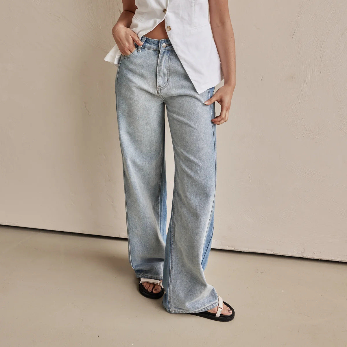 Minimalist Washed Mid Waist Wide Leg Jeans