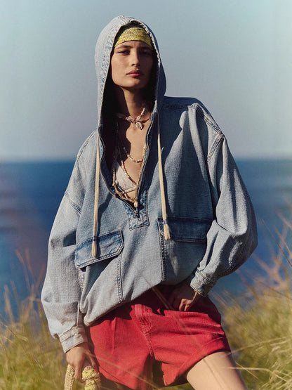 Hooded Denim Long Sleeve Top Casual Street Style