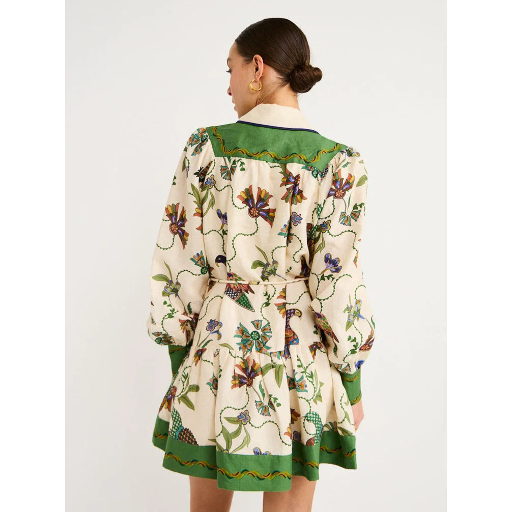 Fall/Winter New Long Sleeve Printed Lapel Dress Loose Lace-Up Casual Dress
