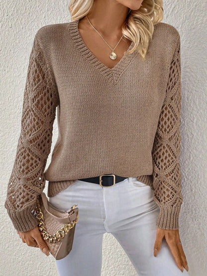 Spring And Autumn Knitted Sweater, Women'S Clothing Temperament V-Neck Hollow Long-Sleeved Solid Color Casual Top