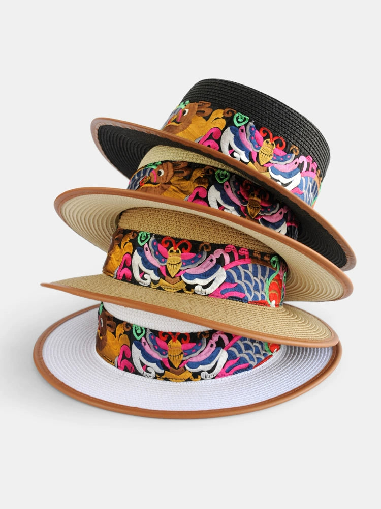 Straw Hat Retro Ethnic Style Embroidery Flower Beach Hat Spring And Summer Basin Hat