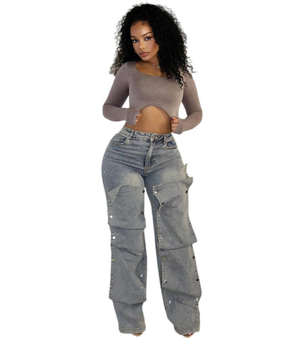 Trendy High-Waisted Straight Leg Jeans With Detachable Buttons