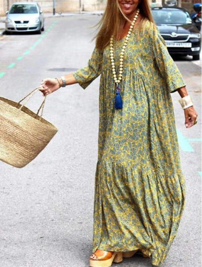 Autumn Spring New Long Sleeve Fashion Printed Bohemian Loose Fitting Dress