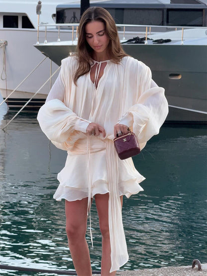 Chiffon Long Sleeve Dress With Lantern Sleeves