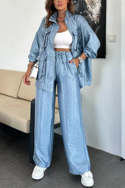 Fashionable Long Sleeve Solid Color Two-Piece Set with Straight-Leg Pants