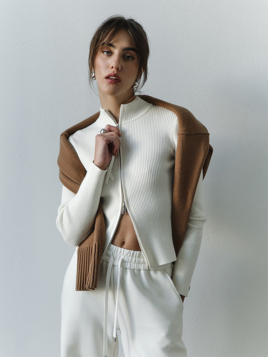 Fitted Long Sleeve Cardigan with Zipper Cozy Knit Outerwear