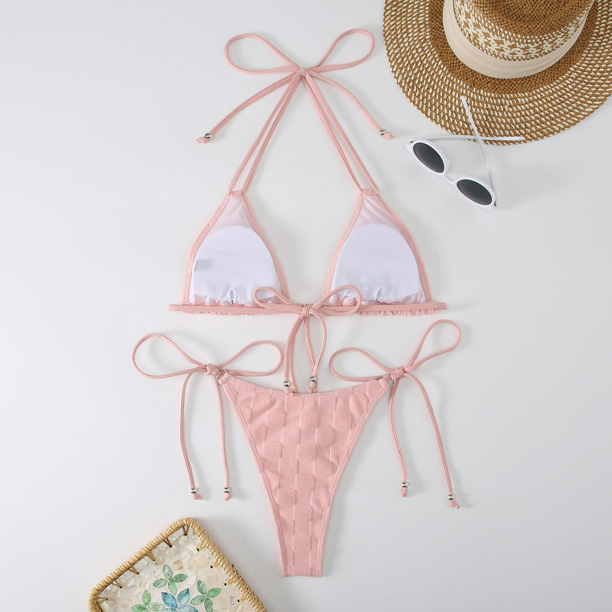 2PCS Solid Color String Tie Bikini Swimwear