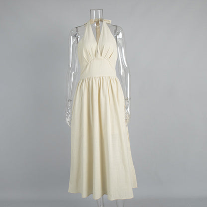 Cotton Long Maxi Dress With V-Neck Tie Waist