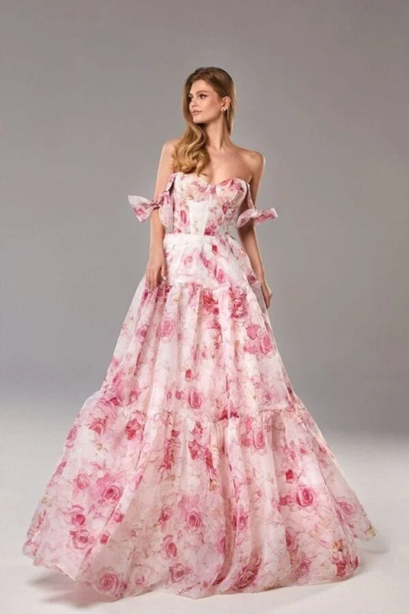 Elegant Sheer Off-Shoulder Dress With 3D Floral Design