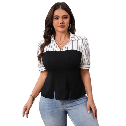 Striped Casual Short Sleeve Top Lightweight Polyester