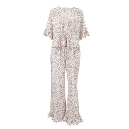 Elegant Print Ruffled Short Sleeve Pajamas Set
