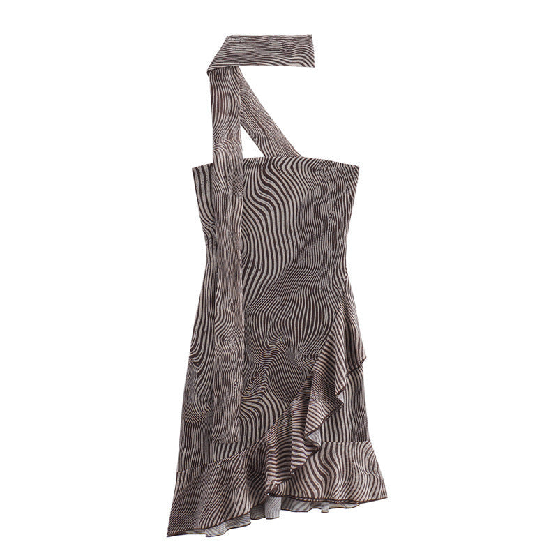 Vintage Striped Print Layered Halter Mini Dress