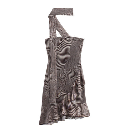 Vintage Striped Print Layered Halter Mini Dress