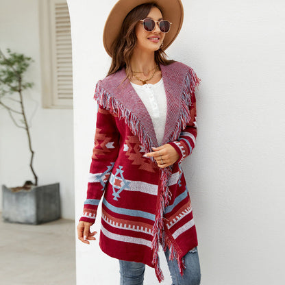 Autumn And Winter Loose Hooded Long Sweater Coat Tassel Geometric Jacquard Sweater Cardigan