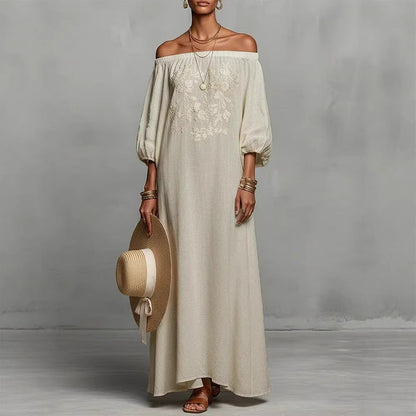 Linen Off Shoulder Floral Embroidery Balloon Sleeve Maxi Dress