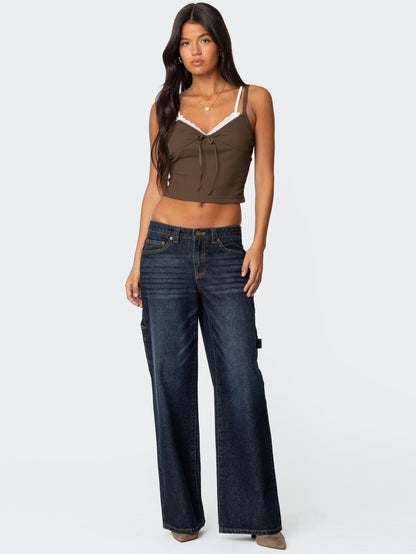 Lace Trim Color Block Cami Top with Bow Details