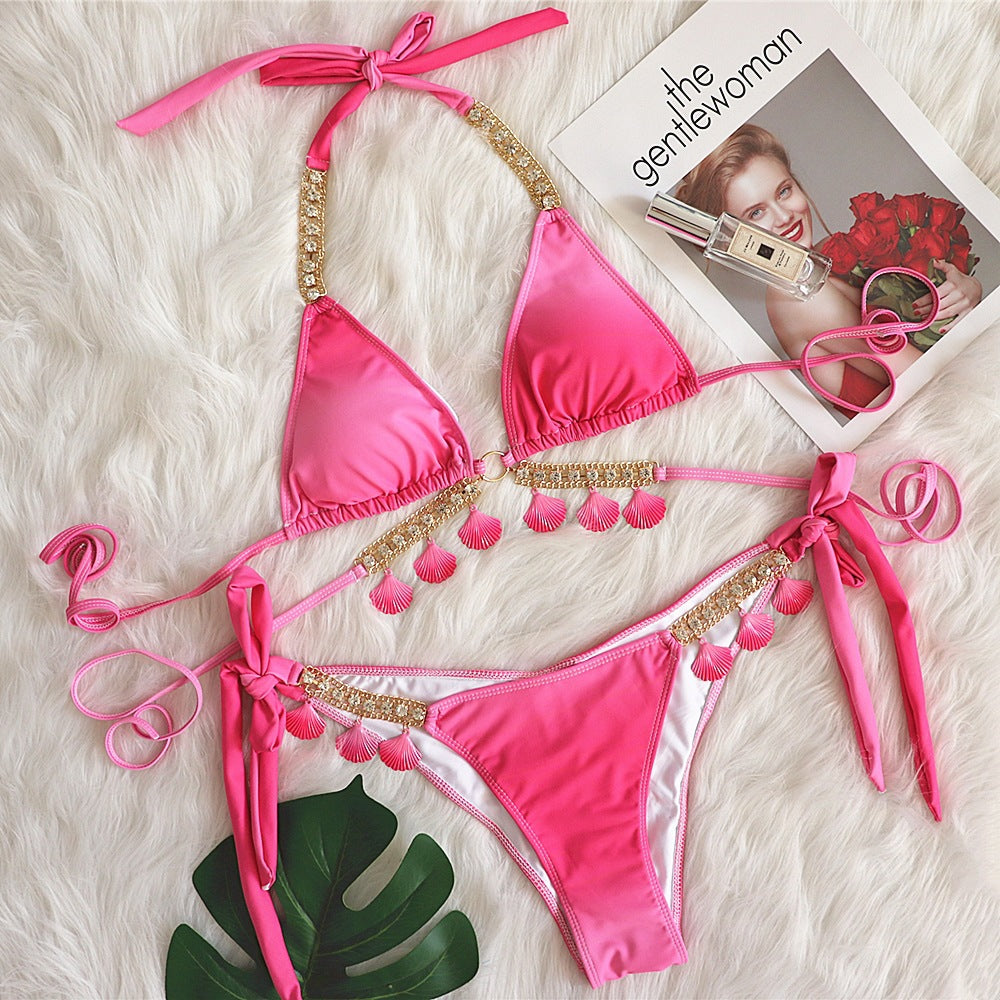 Sexy Strap Gradient Print Women'S Split Swimsuit Luxury Crystal Diamond Bikini Shell Swimsuit