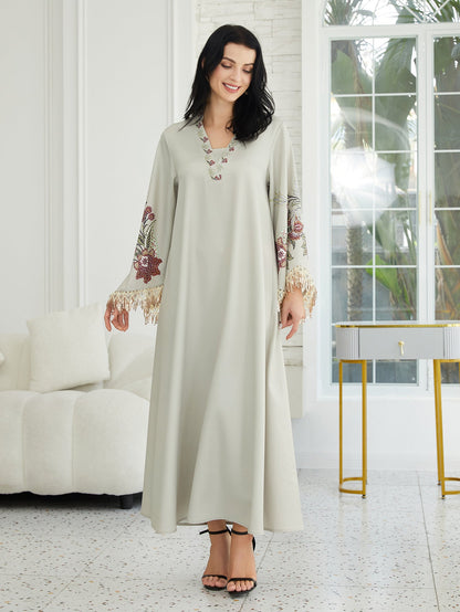 V-Neck Printed Fringed Abaya Dress for Women