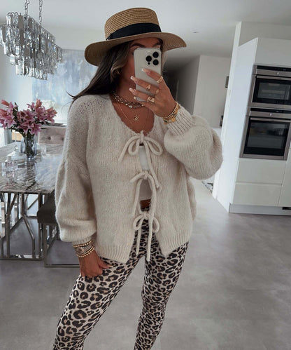 Crew Neck Lace-Up Knitted Cardigan Jacket Autumn And Winter New Solid Color Commuting Simple Sweater Women