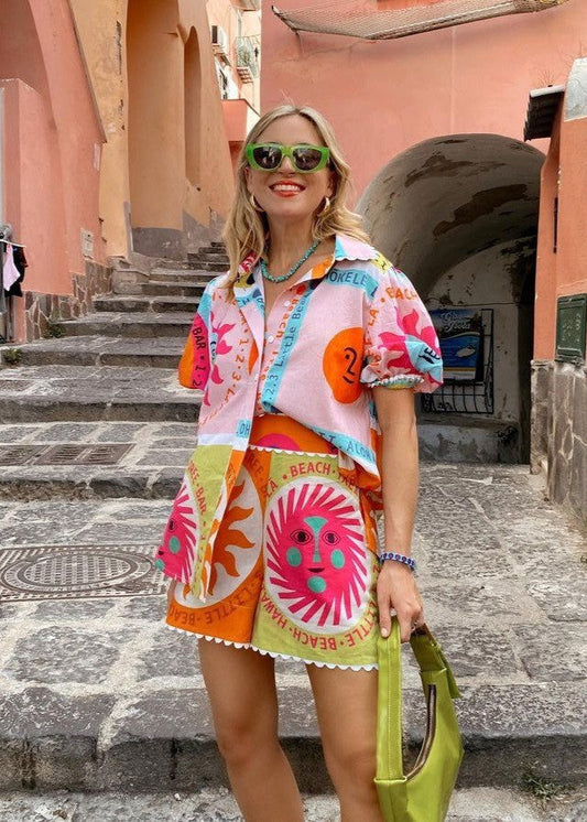 Graphic Sun Print Puff Sleeve Cotton Set