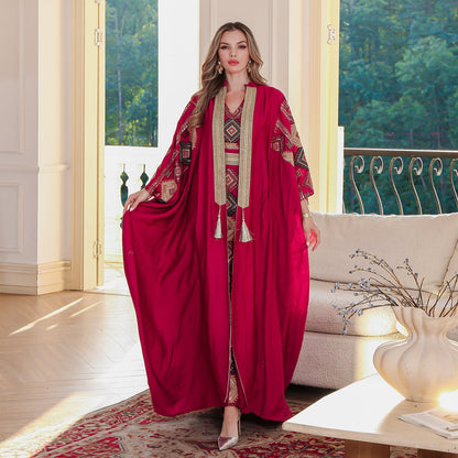 Embroidered Muslim Abaya Dress Set with Elegant Long Robe