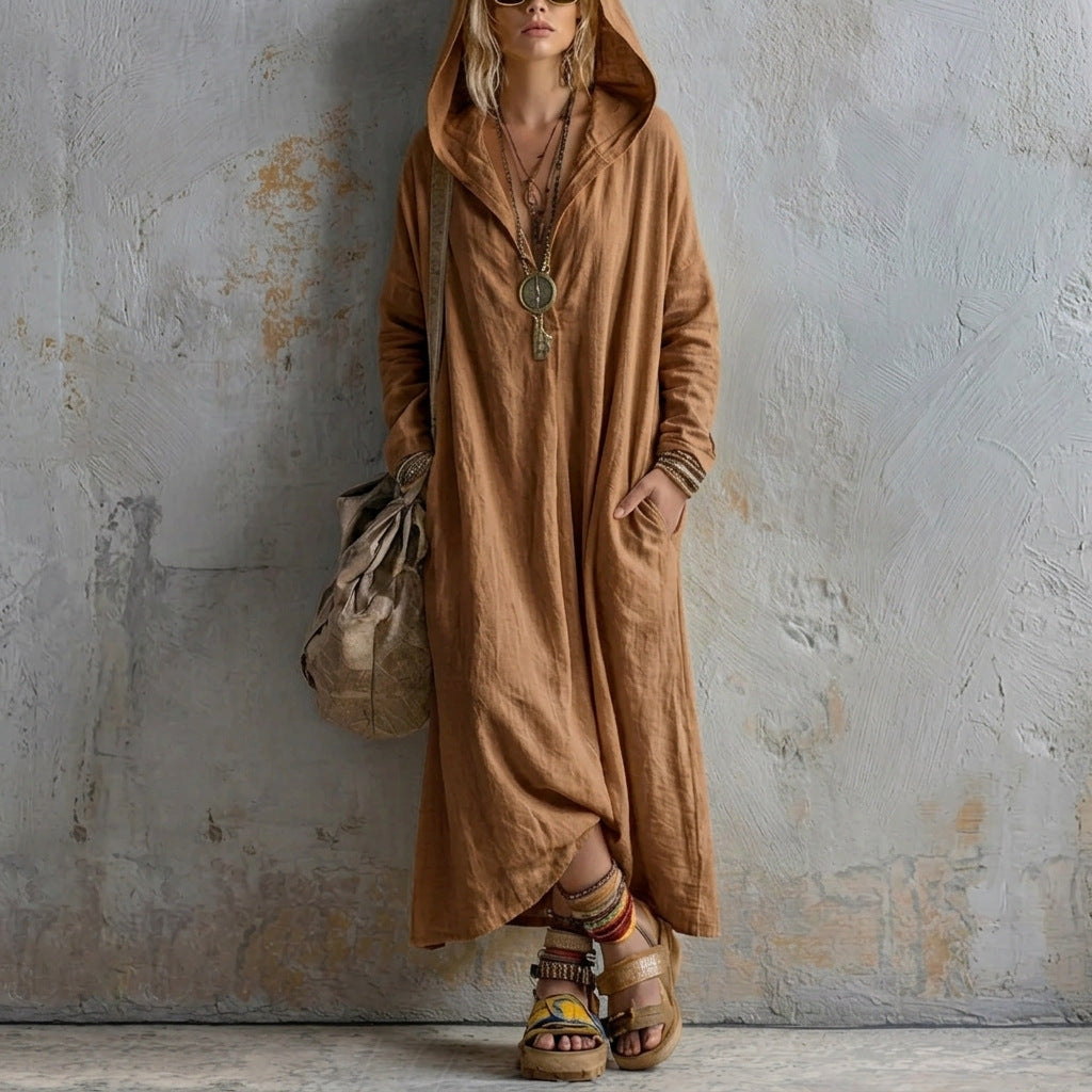 Soft Linen Hooded Maxi Kaftan Dress | Loose Boho Long Sleeve Cover Up