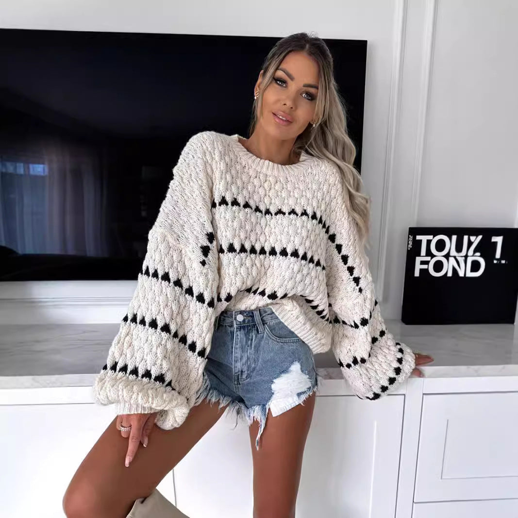 Autumn And Winter New Sweater Thick Needle Loose Plus Size Twist Striped Crew Neck Jumper Women